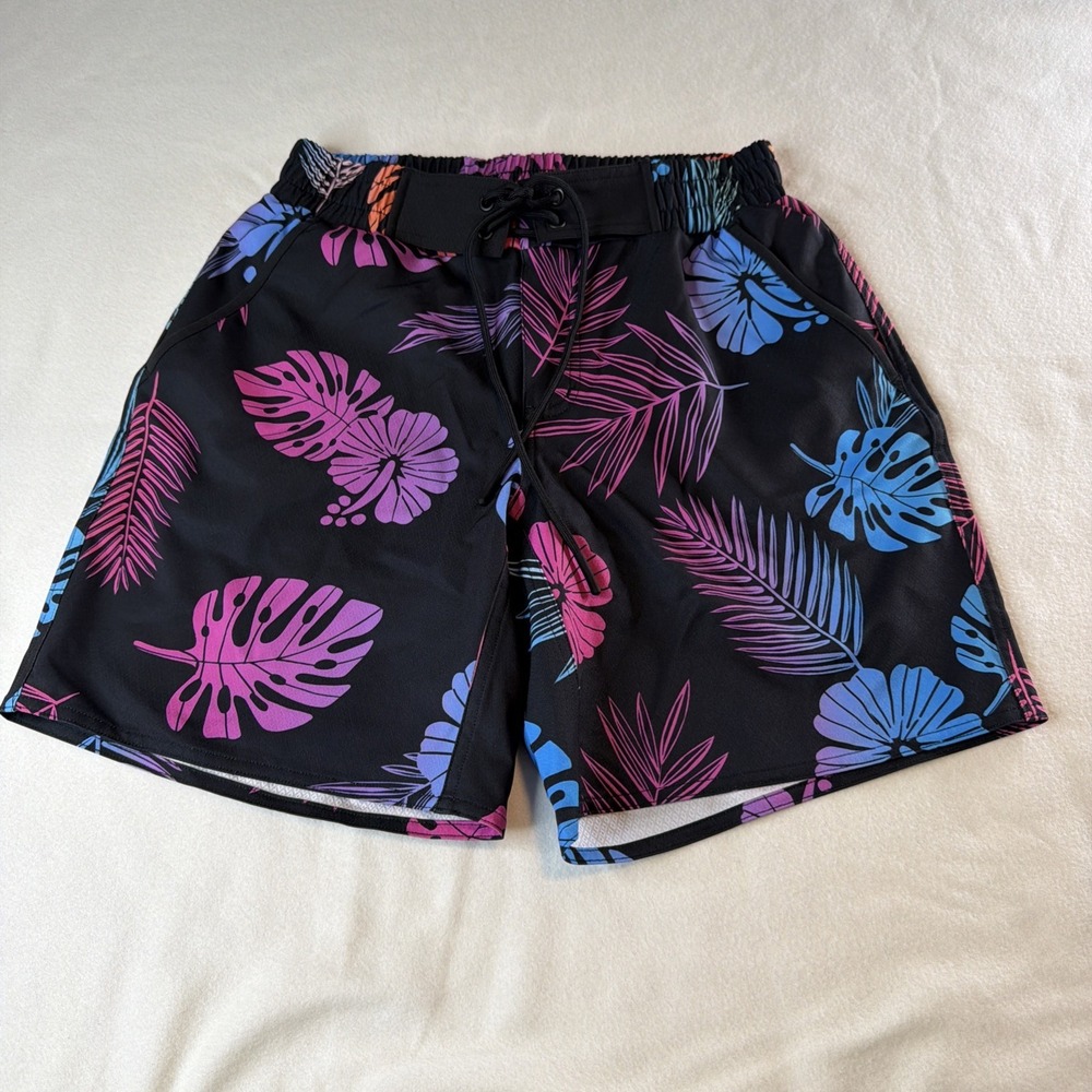 TomboyX Swim Trunks Men's Tropical Floral Board Shorts Black Drawstring 26in